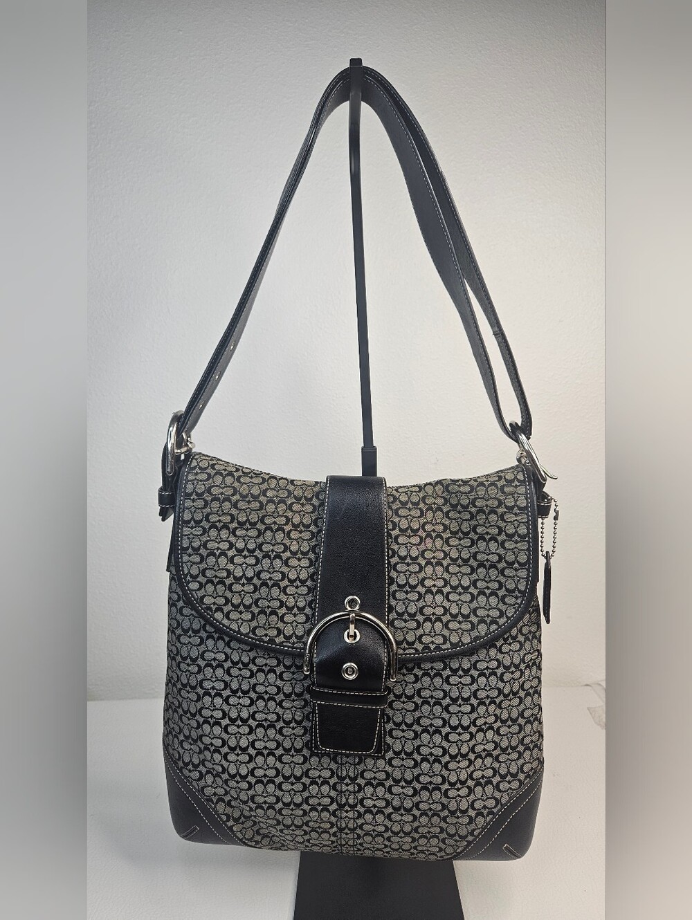 Coach Signature Monogram Micro Jacquard Leather Shoulder Bag Legacy Buckle Hobo